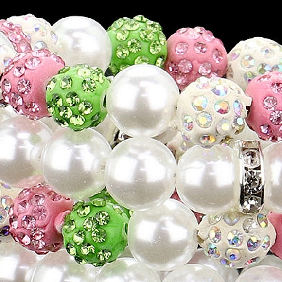 White Pink Green Wrap Bracelet Bangle Pearl Bead Shamballa Ball Bling Two Tone - Picture 4 of 6